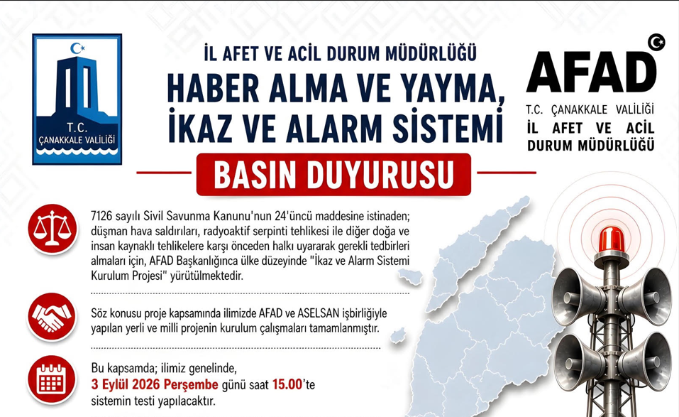 Çanakkale'de İkaz ve Alarm Sistemi testi yapılacak