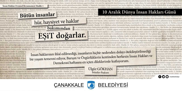 Belediye Başkanı  Ülgür Gökhan'ın 10 Aralık İnsan Hakları Günü Mesajı