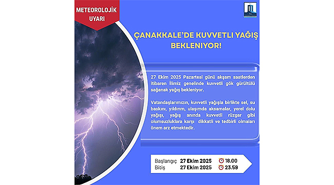 Çanakkale İçin Kuvvetli Yağış Uyarısı
