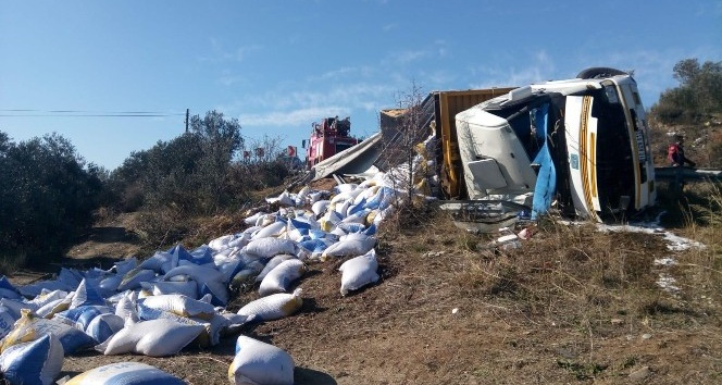 Çanakkale'de Yem Yüklü Kamyon Devrildi: 1 yaralı