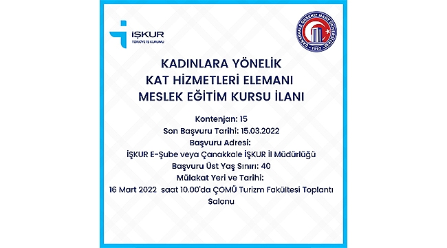 Kat Hizmetleri Elemanı Meslek Eğitim Kursuna Başvurular Başladı