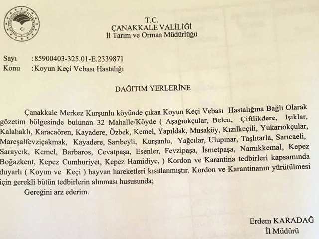 Tarım İl Müdürlüğü'nden 32 Köy ve Mahalleye Karantina Açıklaması