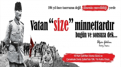 Başkan Gökhan'ın 18 Mart Şehitleri Anma Günü ve Çanakkale Deniz Zaferi'nin 106. Yıldönümü Mesajı