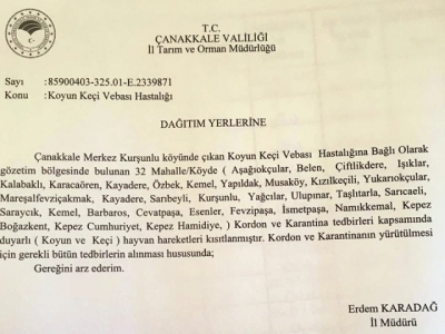 Tarım İl Müdürlüğü'nden 32 Köy ve Mahalleye Karantina Açıklaması